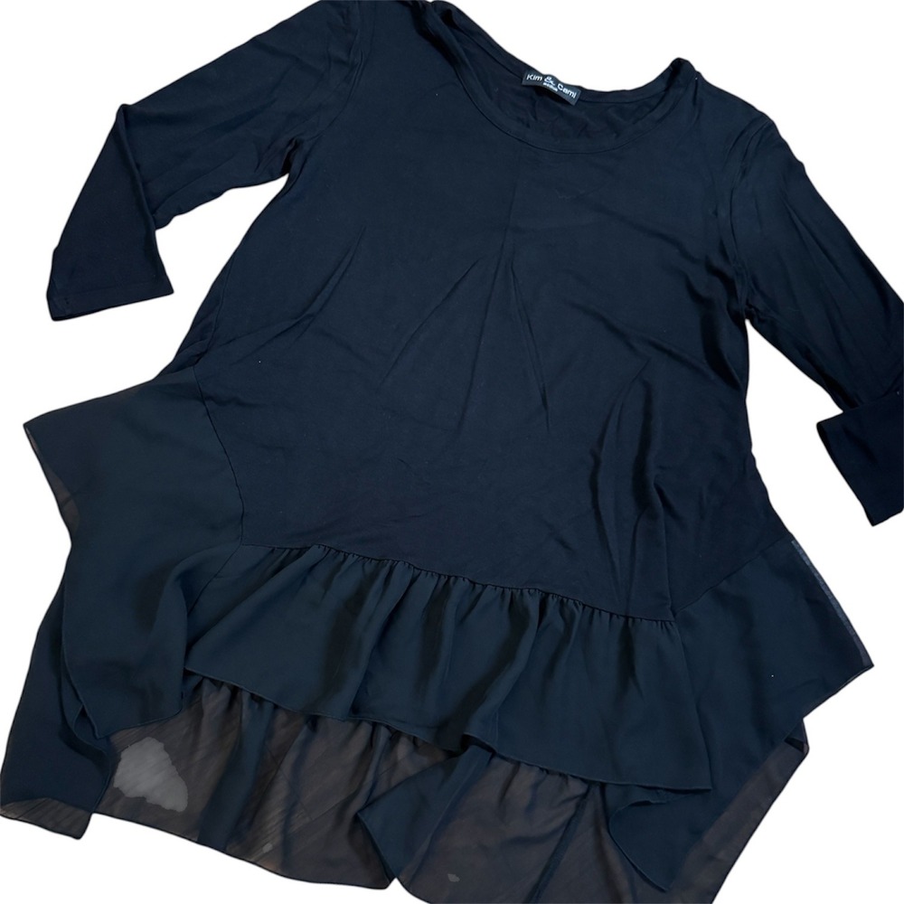 Kim & Cami Black 3/4 Sleeve Tunic Top Tiered Handkerchief Hem Medium 1CS10-K003